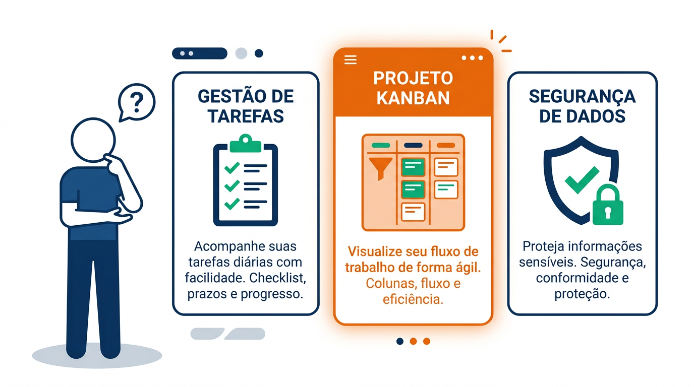 Ilustração de escolha de CRM para corretora com opções de checklist, funil e segurança