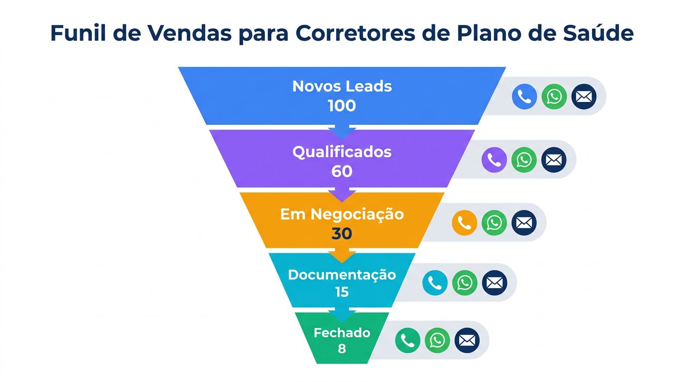 Funil de vendas para corretores de planos de saúde com etapas: Novos Leads, Qualificados, Em Negociação, Documentação e Fechado