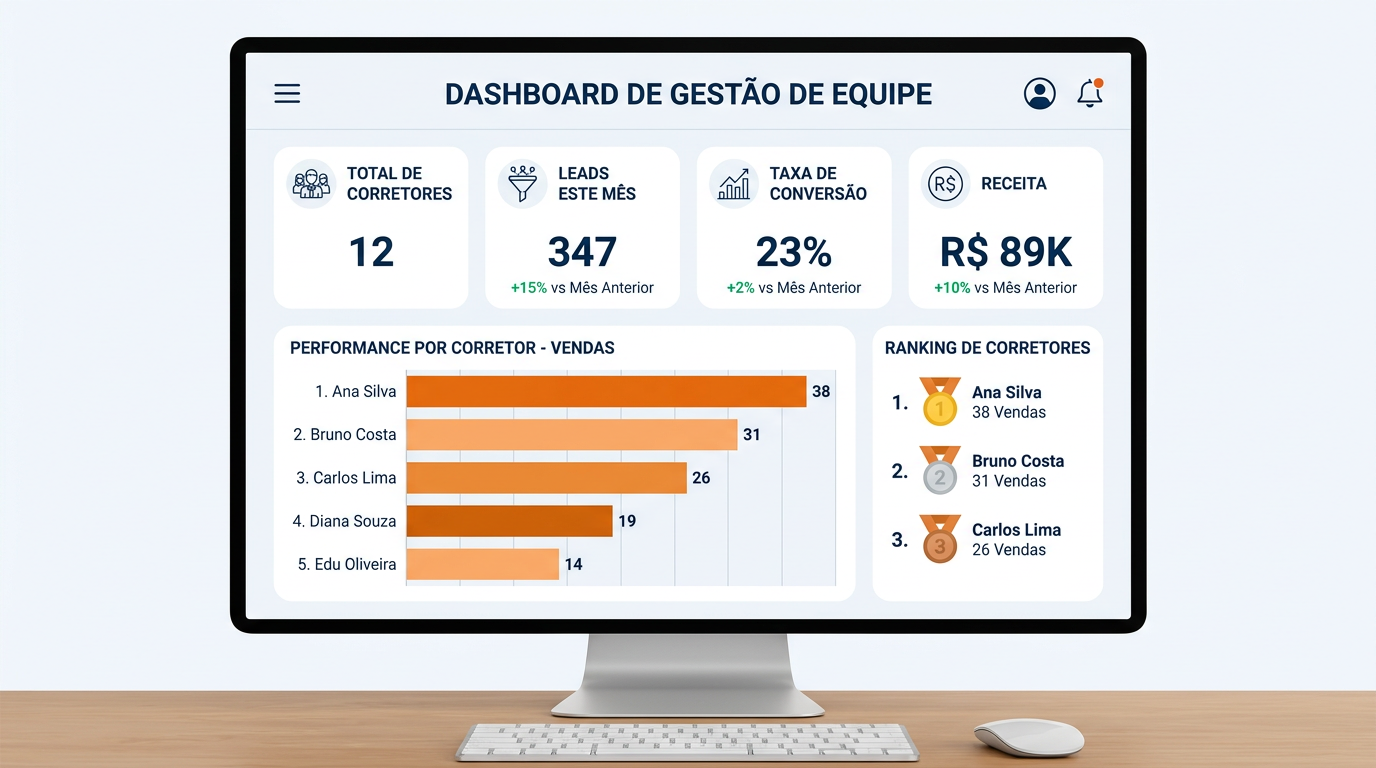 Dashboard de gestão de equipe de corretora com relatórios de vendas e ranking de corretores