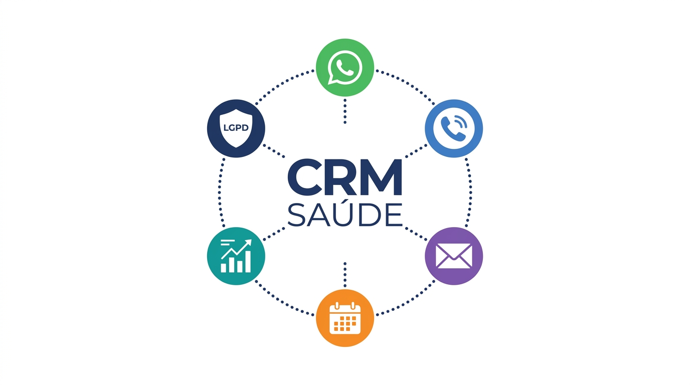 Integrações do CRM Saúde: WhatsApp, Telefonia Twilio, Email, Calendário, Relatórios e LGPD