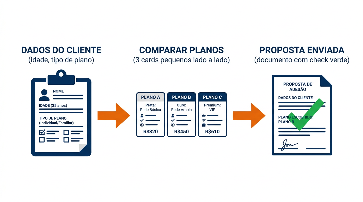 Fluxo de cotação de planos de saúde: dados do cliente, comparação de planos e envio de proposta
