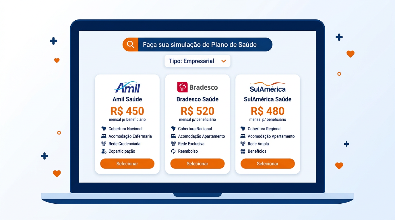 Interface do simulador de planos de saúde mostrando cotação empresarial com Amil, Bradesco e SulAmérica
