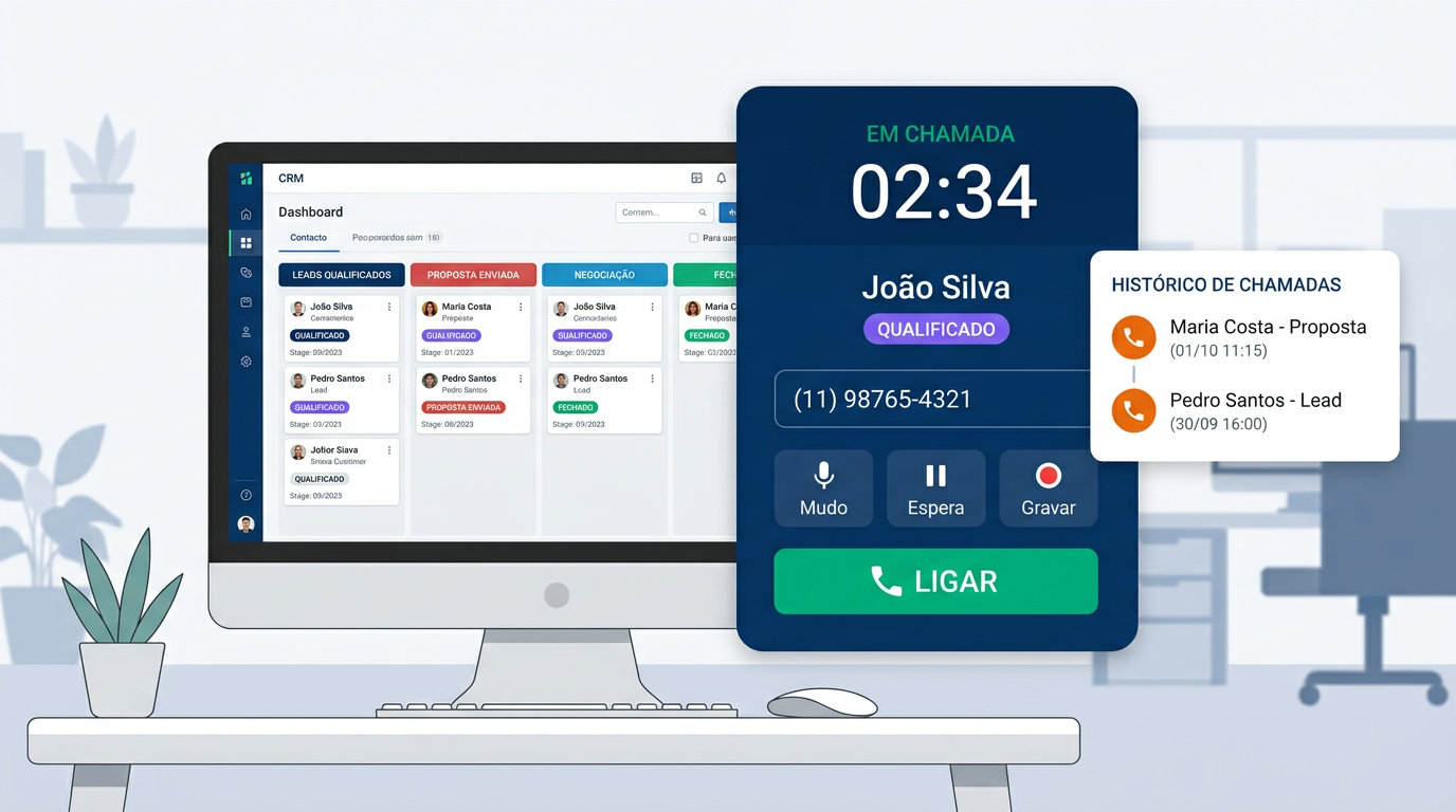 Softphone integrado ao CRM Saúde mostrando ligação em andamento com gravação